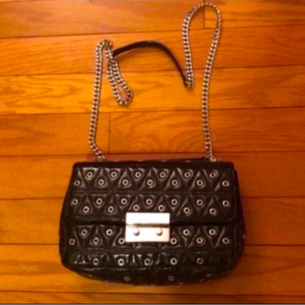 NWT Michael Kors Sloan Chain Strap Quilted Silver Accent Black Leather Crossbody